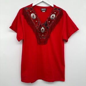 Vintage Western Top Shirt Size Large Stretch Embroidered Suede‎ Fringe Conchos